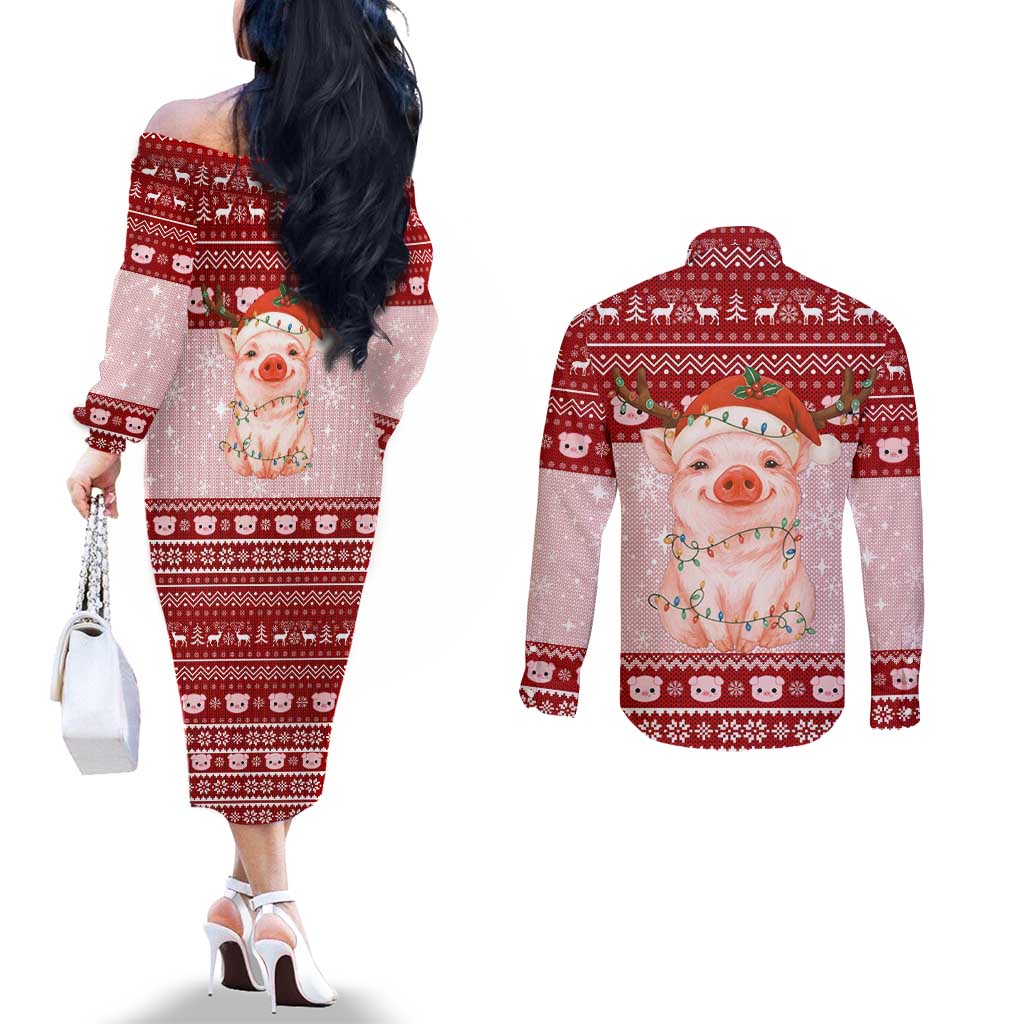 Lovely Pig Merry Christmas Couples Matching Off The Shoulder Long Sleeve Dress and Long Sleeve Button Shirt Xmas Holiday Patterns - Wonder Print Shop