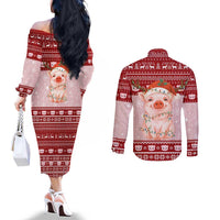 Lovely Pig Merry Christmas Couples Matching Off The Shoulder Long Sleeve Dress and Long Sleeve Button Shirt Xmas Holiday Patterns - Wonder Print Shop