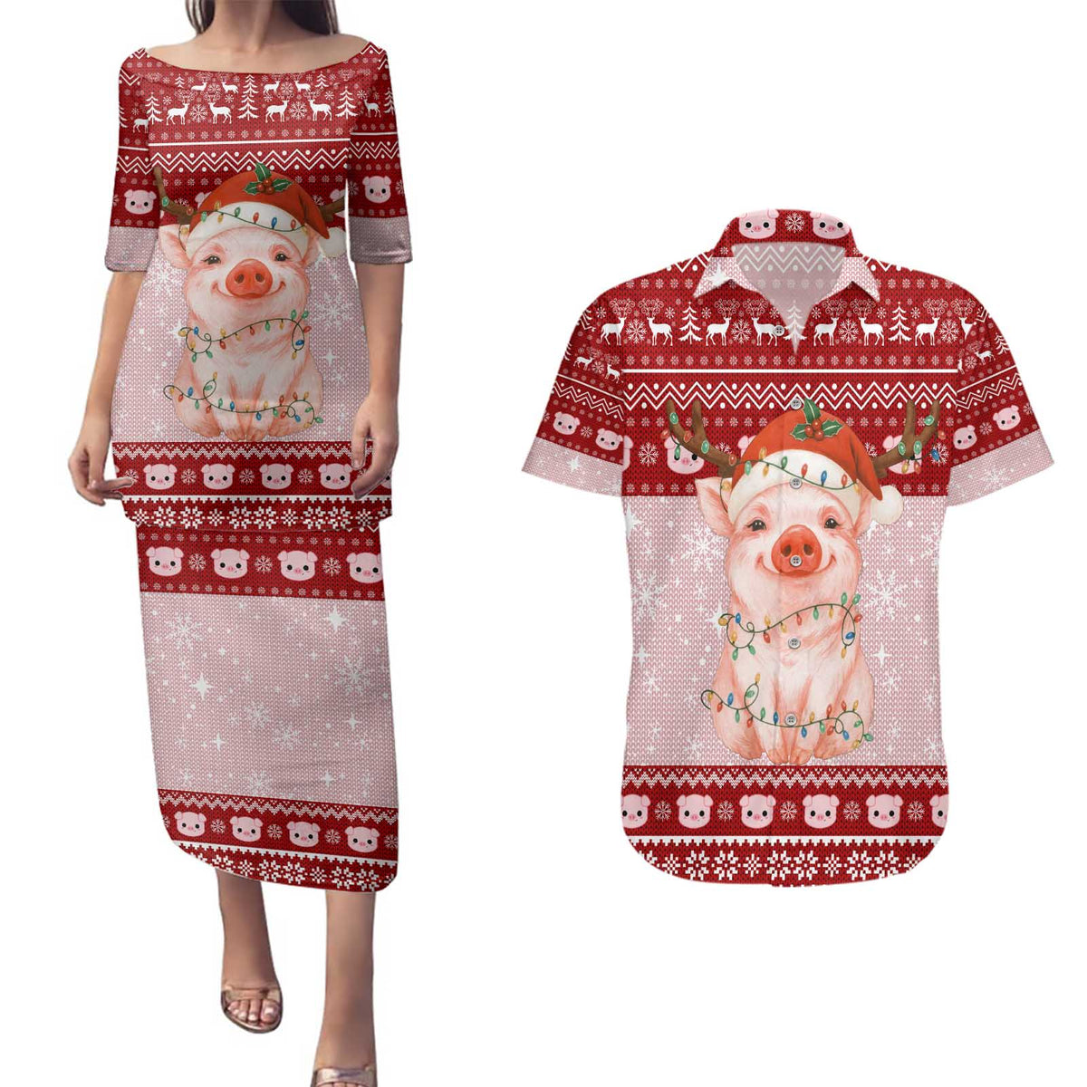 Lovely Pig Merry Christmas Couples Matching Puletasi and Hawaiian Shirt Xmas Holiday Patterns - Wonder Print Shop