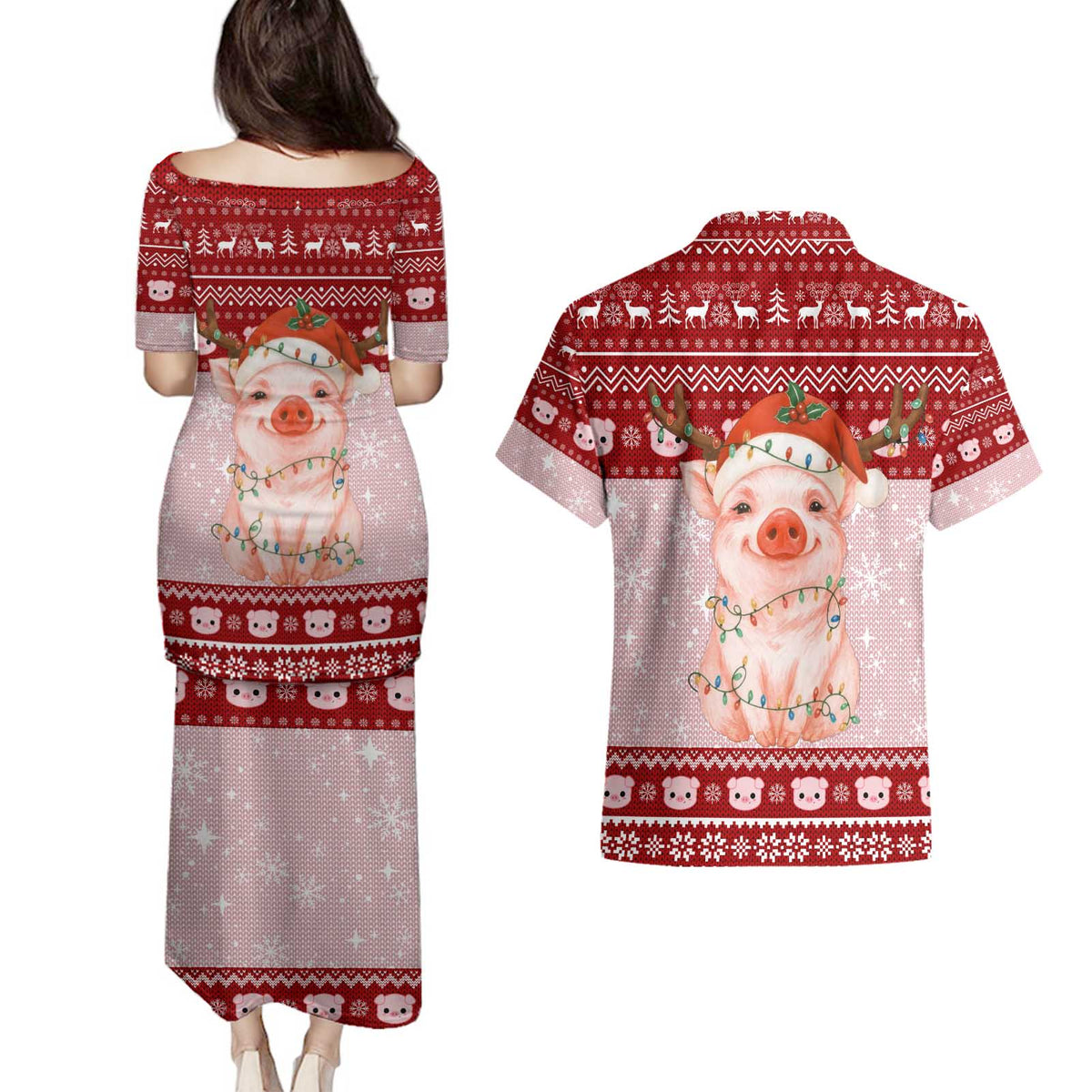 Lovely Pig Merry Christmas Couples Matching Puletasi and Hawaiian Shirt Xmas Holiday Patterns - Wonder Print Shop