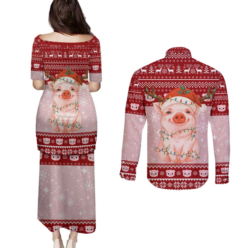 Lovely Pig Merry Christmas Couples Matching Puletasi and Long Sleeve Button Shirt Xmas Holiday Patterns - Wonder Print Shop