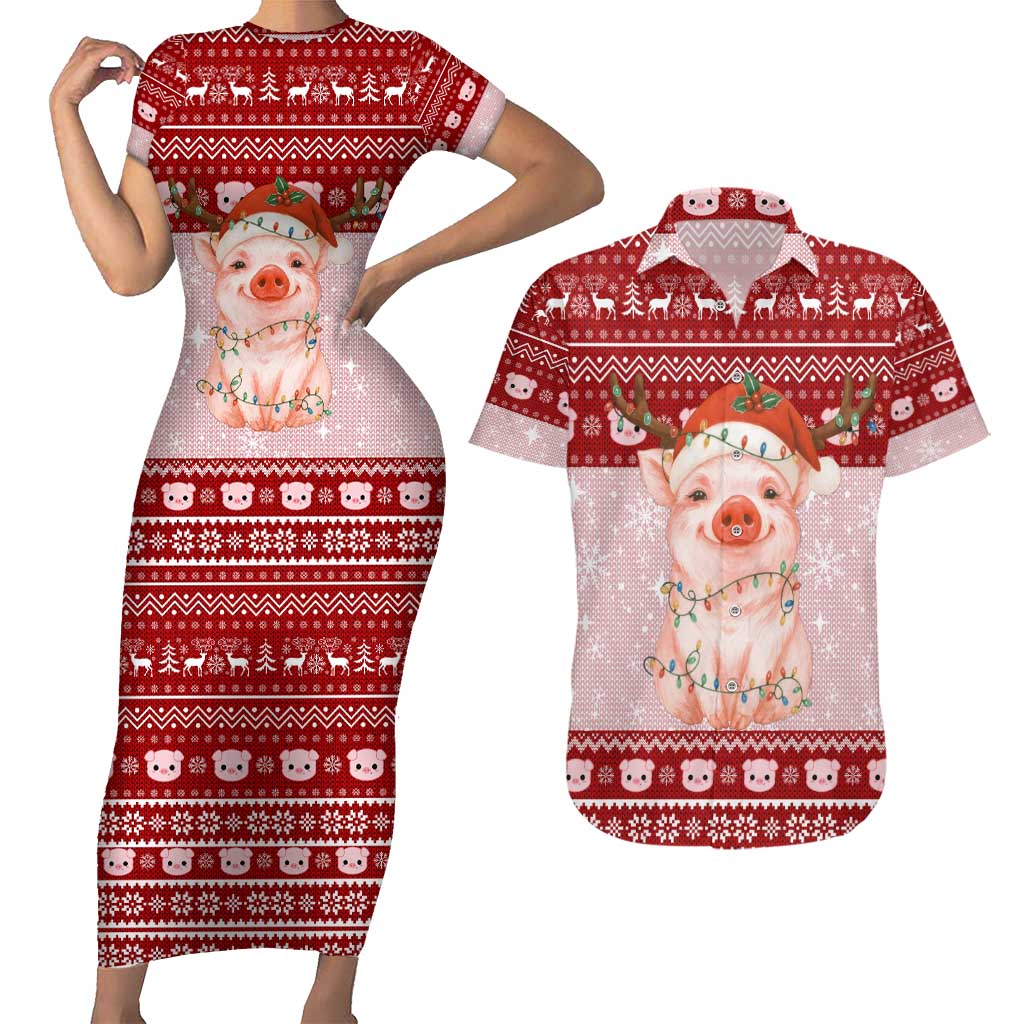 Lovely Pig Merry Christmas Couples Matching Short Sleeve Bodycon Dress and Hawaiian Shirt Xmas Holiday Patterns - Wonder Print Shop
