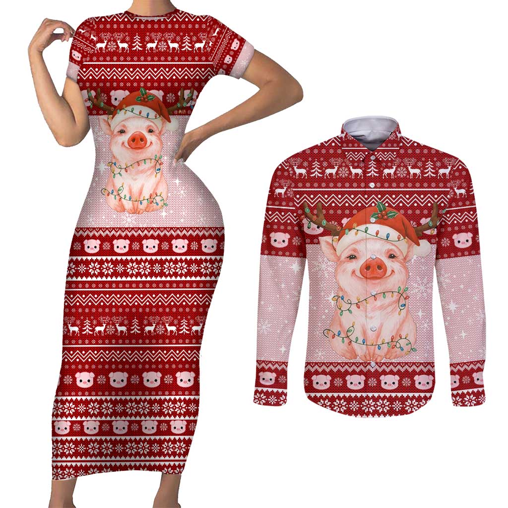 Lovely Pig Merry Christmas Couples Matching Short Sleeve Bodycon Dress and Long Sleeve Button Shirt Xmas Holiday Patterns - Wonder Print Shop