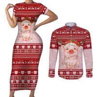 Lovely Pig Merry Christmas Couples Matching Short Sleeve Bodycon Dress and Long Sleeve Button Shirt Xmas Holiday Patterns - Wonder Print Shop
