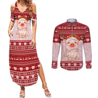 Lovely Pig Merry Christmas Couples Matching Summer Maxi Dress and Long Sleeve Button Shirt Xmas Holiday Patterns - Wonder Print Shop