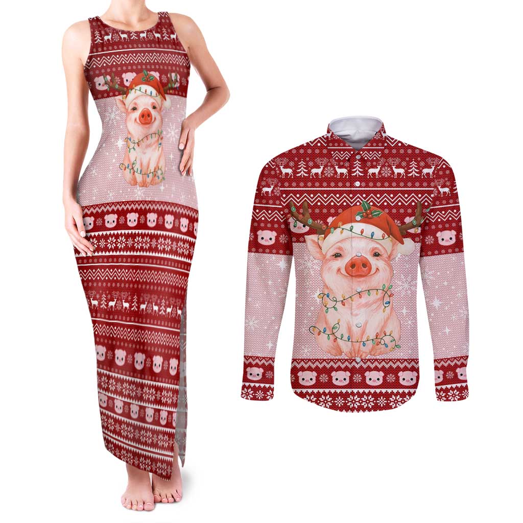 Lovely Pig Merry Christmas Couples Matching Tank Maxi Dress and Long Sleeve Button Shirt Xmas Holiday Patterns - Wonder Print Shop