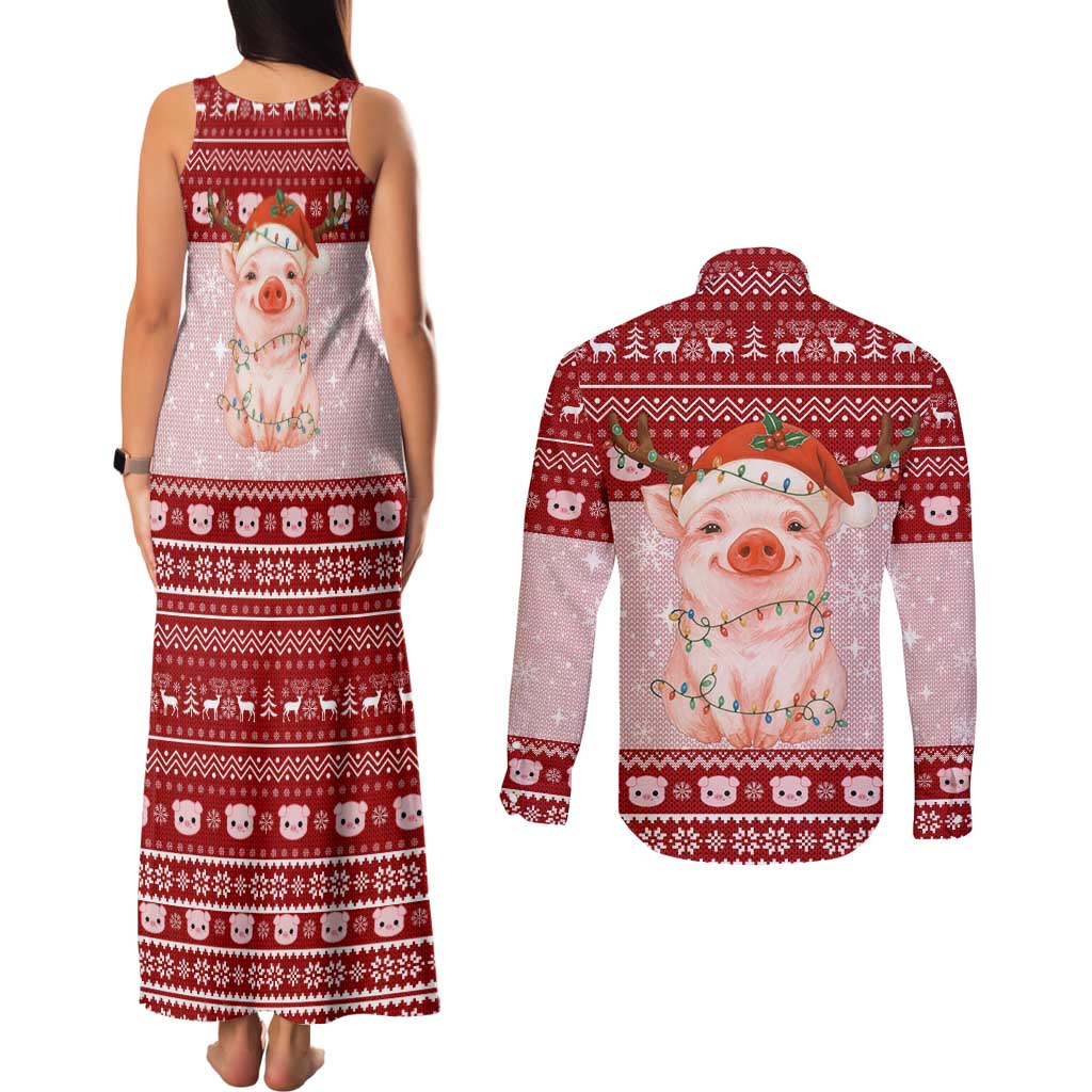 Lovely Pig Merry Christmas Couples Matching Tank Maxi Dress and Long Sleeve Button Shirt Xmas Holiday Patterns - Wonder Print Shop