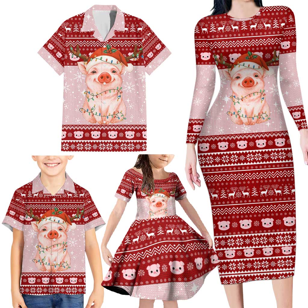 Lovely Pig Merry Christmas Family Matching Long Sleeve Bodycon Dress and Hawaiian Shirt Xmas Holiday Patterns - Wonder Print Shop