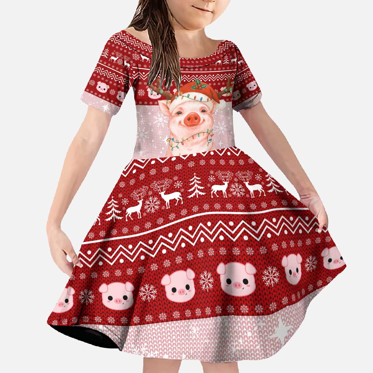 Lovely Pig Merry Christmas Family Matching Off The Shoulder Long Sleeve Dress and Hawaiian Shirt Xmas Holiday Patterns - Wonder Print Shop