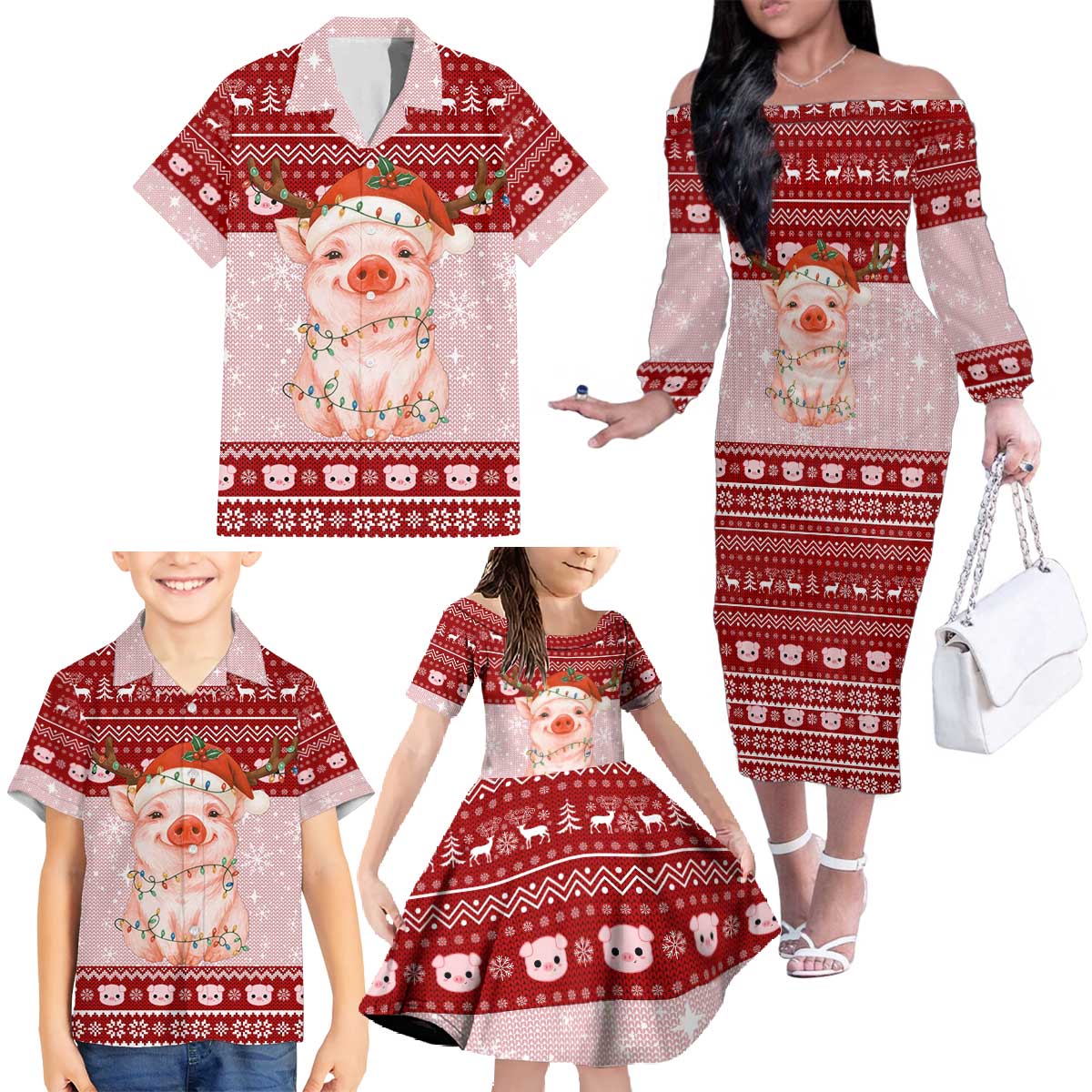 Lovely Pig Merry Christmas Family Matching Off The Shoulder Long Sleeve Dress and Hawaiian Shirt Xmas Holiday Patterns - Wonder Print Shop