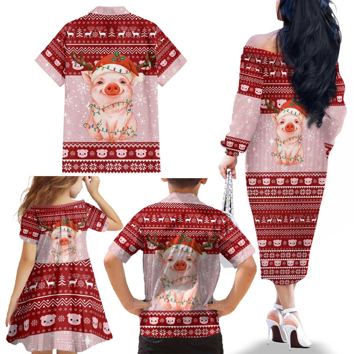 Lovely Pig Merry Christmas Family Matching Off The Shoulder Long Sleeve Dress and Hawaiian Shirt Xmas Holiday Patterns - Wonder Print Shop