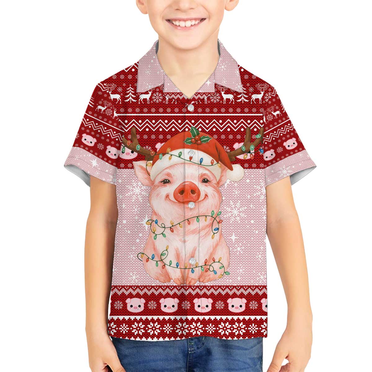 Lovely Pig Merry Christmas Family Matching Off The Shoulder Long Sleeve Dress and Hawaiian Shirt Xmas Holiday Patterns - Wonder Print Shop