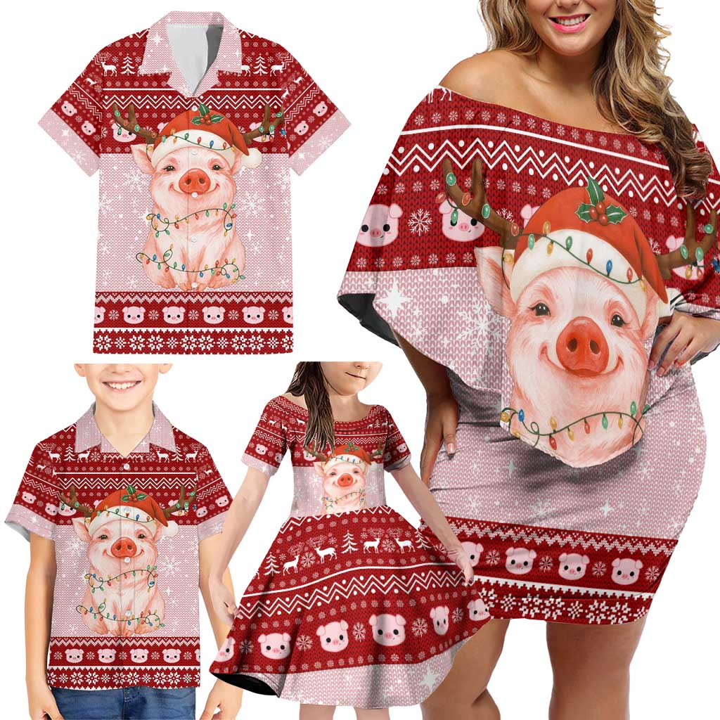 Lovely Pig Merry Christmas Family Matching Off Shoulder Short Dress and Hawaiian Shirt Xmas Holiday Patterns - Wonder Print Shop