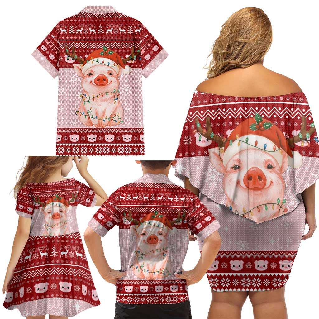 Lovely Pig Merry Christmas Family Matching Off Shoulder Short Dress and Hawaiian Shirt Xmas Holiday Patterns - Wonder Print Shop