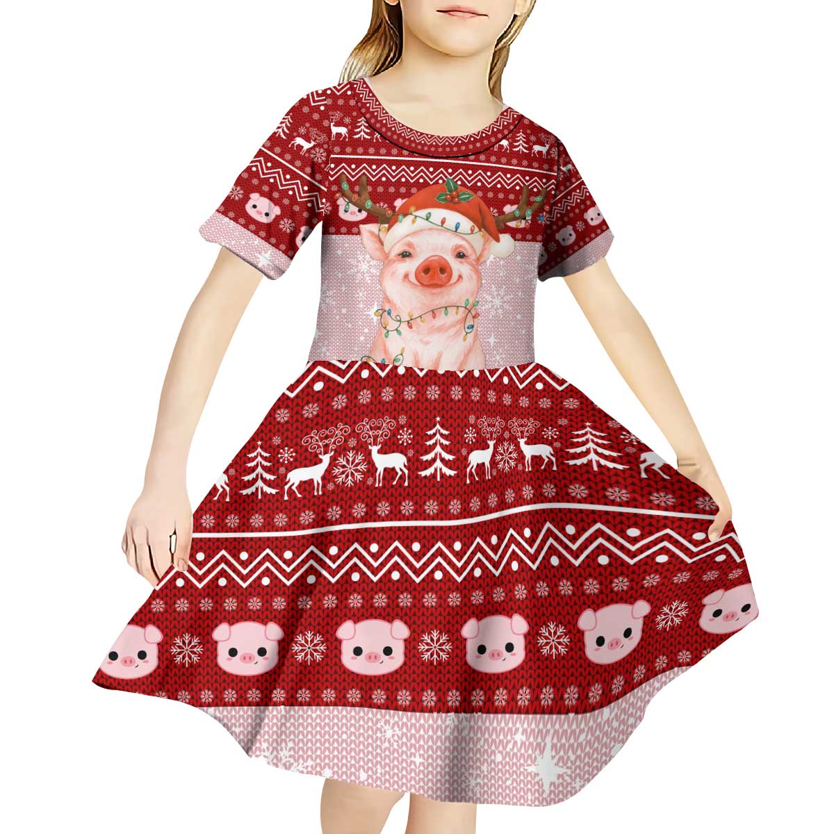 Lovely Pig Merry Christmas Kid Short Sleeve Dress Xmas Holiday Patterns - Wonder Print Shop
