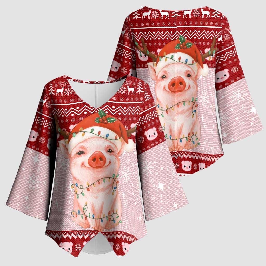 Lovely Pig Merry Christmas Kimono Sleeve Blouse Xmas Holiday Patterns - Wonder Print Shop