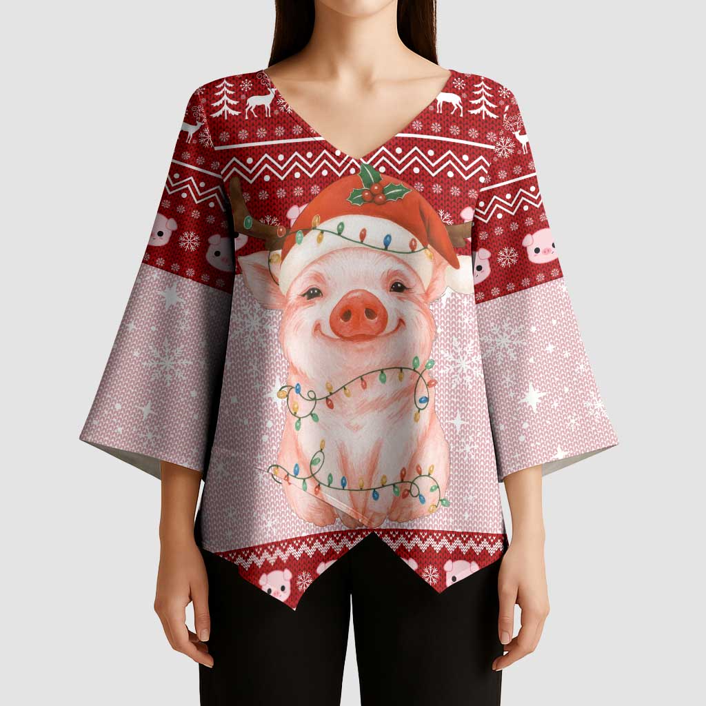 Lovely Pig Merry Christmas Kimono Sleeve Blouse Xmas Holiday Patterns - Wonder Print Shop
