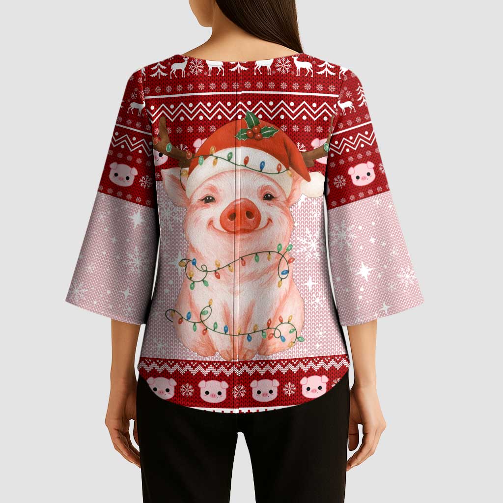Lovely Pig Merry Christmas Kimono Sleeve Blouse Xmas Holiday Patterns - Wonder Print Shop