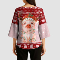 Lovely Pig Merry Christmas Kimono Sleeve Blouse Xmas Holiday Patterns - Wonder Print Shop