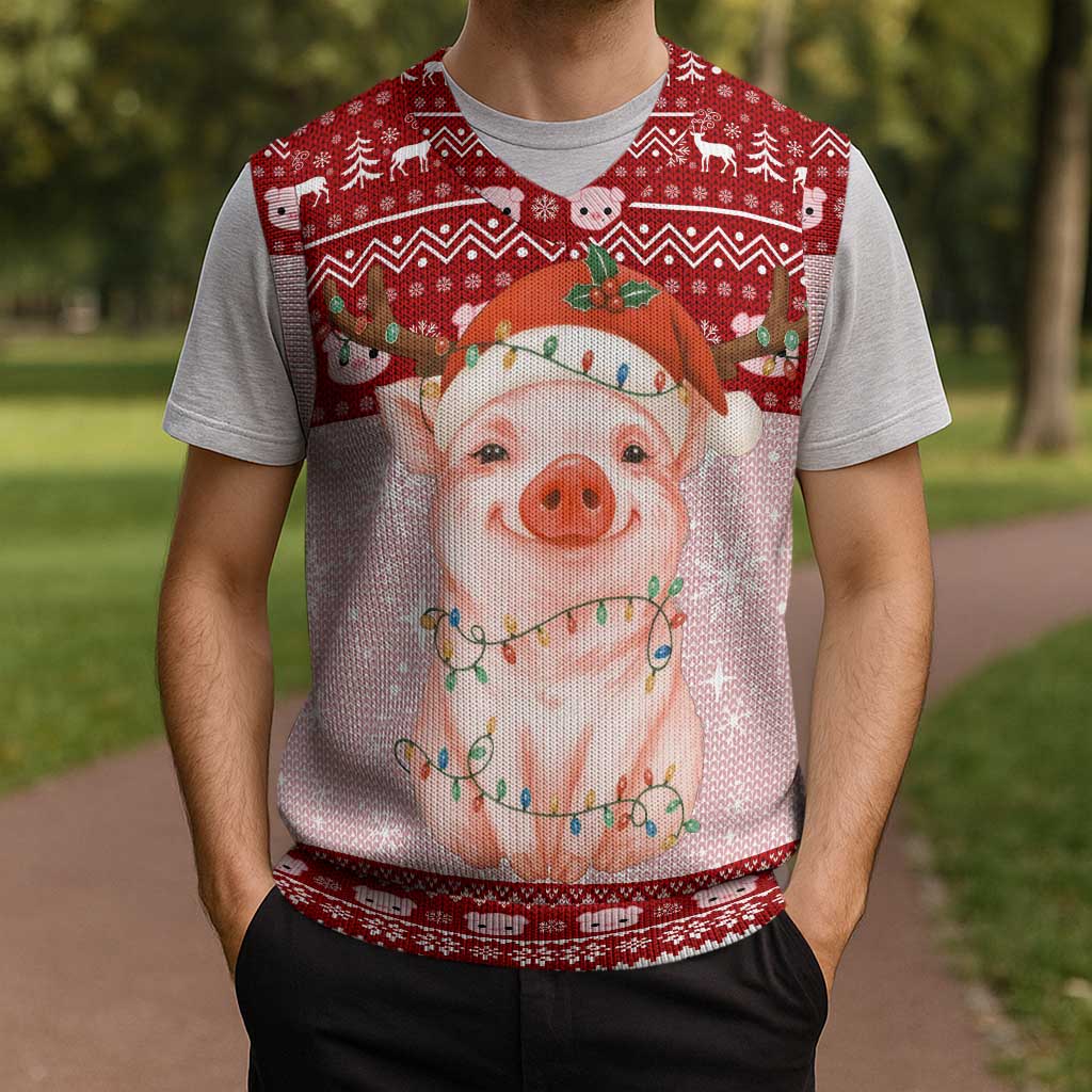 Lovely Pig Merry Christmas Knitted V-Neck Vest Xmas Holiday Patterns - Wonder Print Shop
