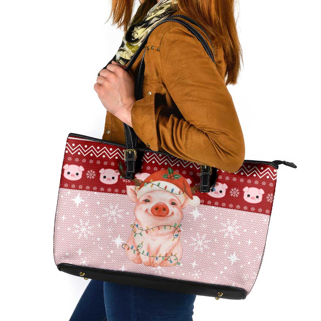 Lovely Pig Merry Christmas Leather Tote Bag Xmas Holiday Patterns - Wonder Print Shop