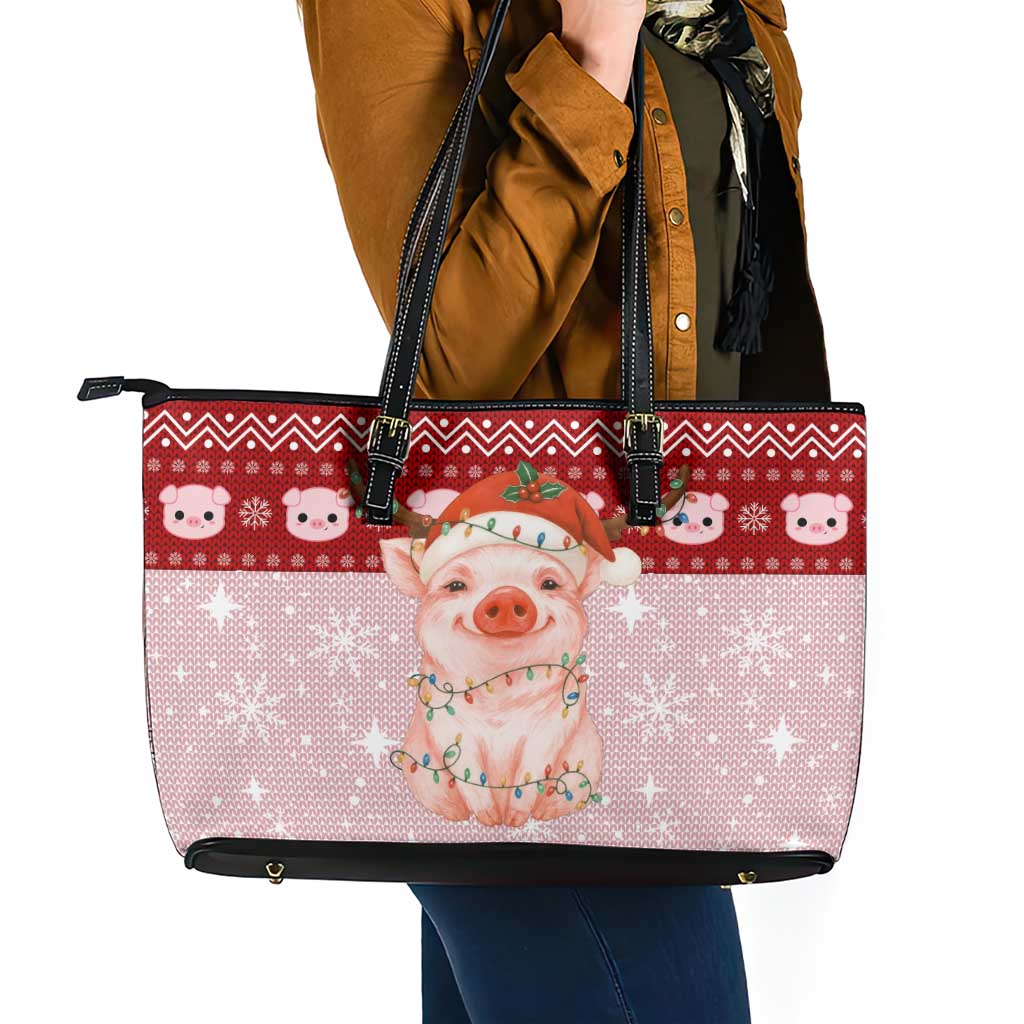 Lovely Pig Merry Christmas Leather Tote Bag Xmas Holiday Patterns - Wonder Print Shop