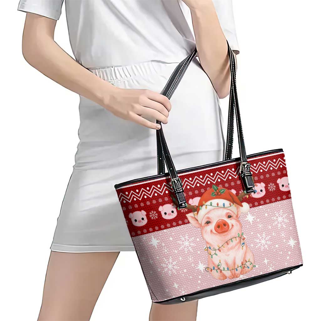Lovely Pig Merry Christmas Leather Tote Bag Xmas Holiday Patterns - Wonder Print Shop