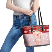 Lovely Pig Merry Christmas Leather Tote Bag Xmas Holiday Patterns - Wonder Print Shop