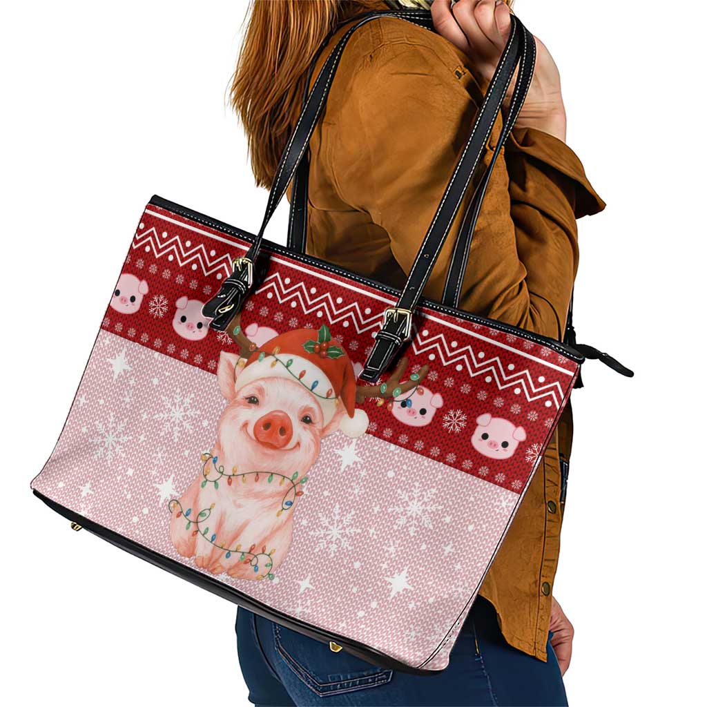 Lovely Pig Merry Christmas Leather Tote Bag Xmas Holiday Patterns - Wonder Print Shop