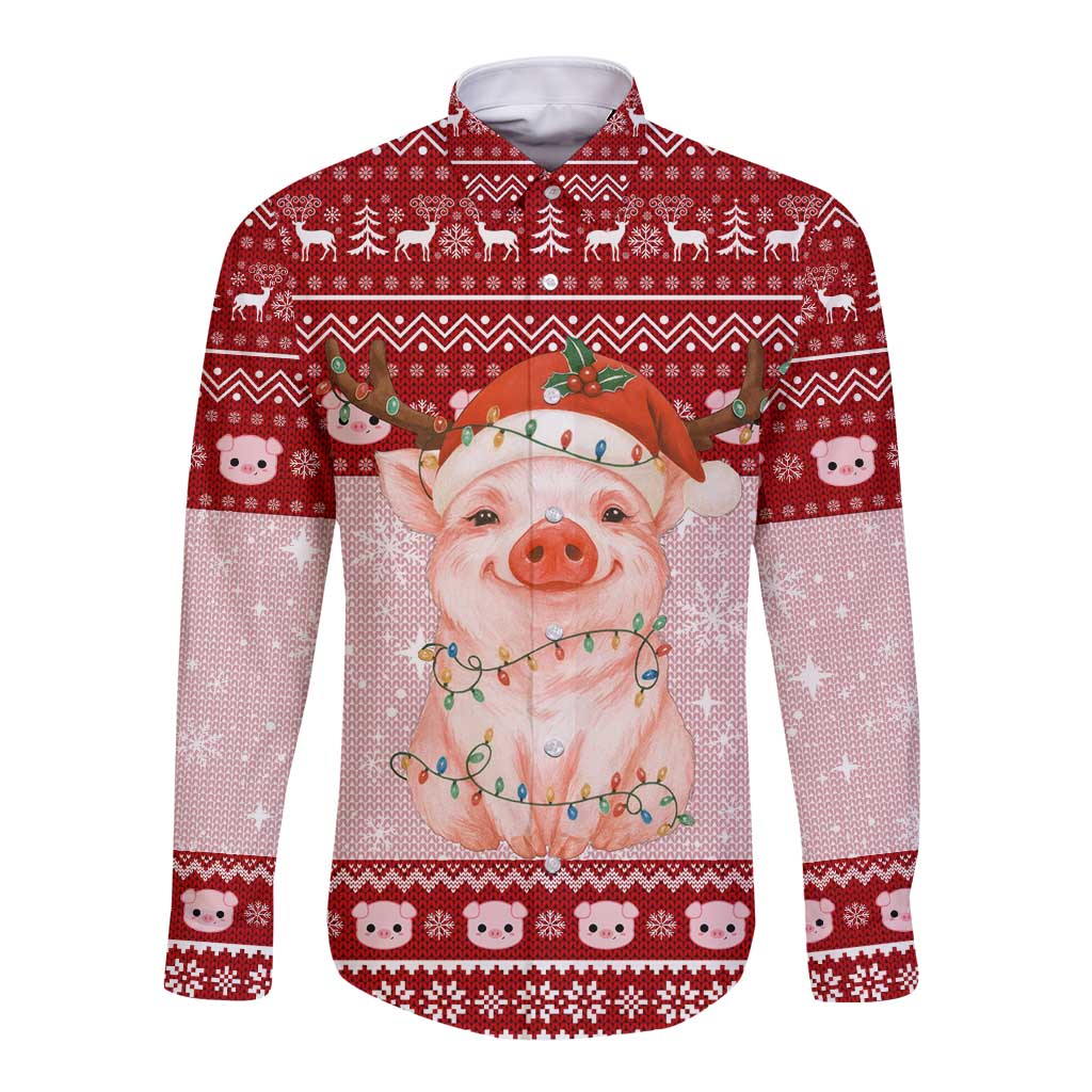Lovely Pig Merry Christmas Long Sleeve Button Shirt Xmas Holiday Patterns - Wonder Print Shop