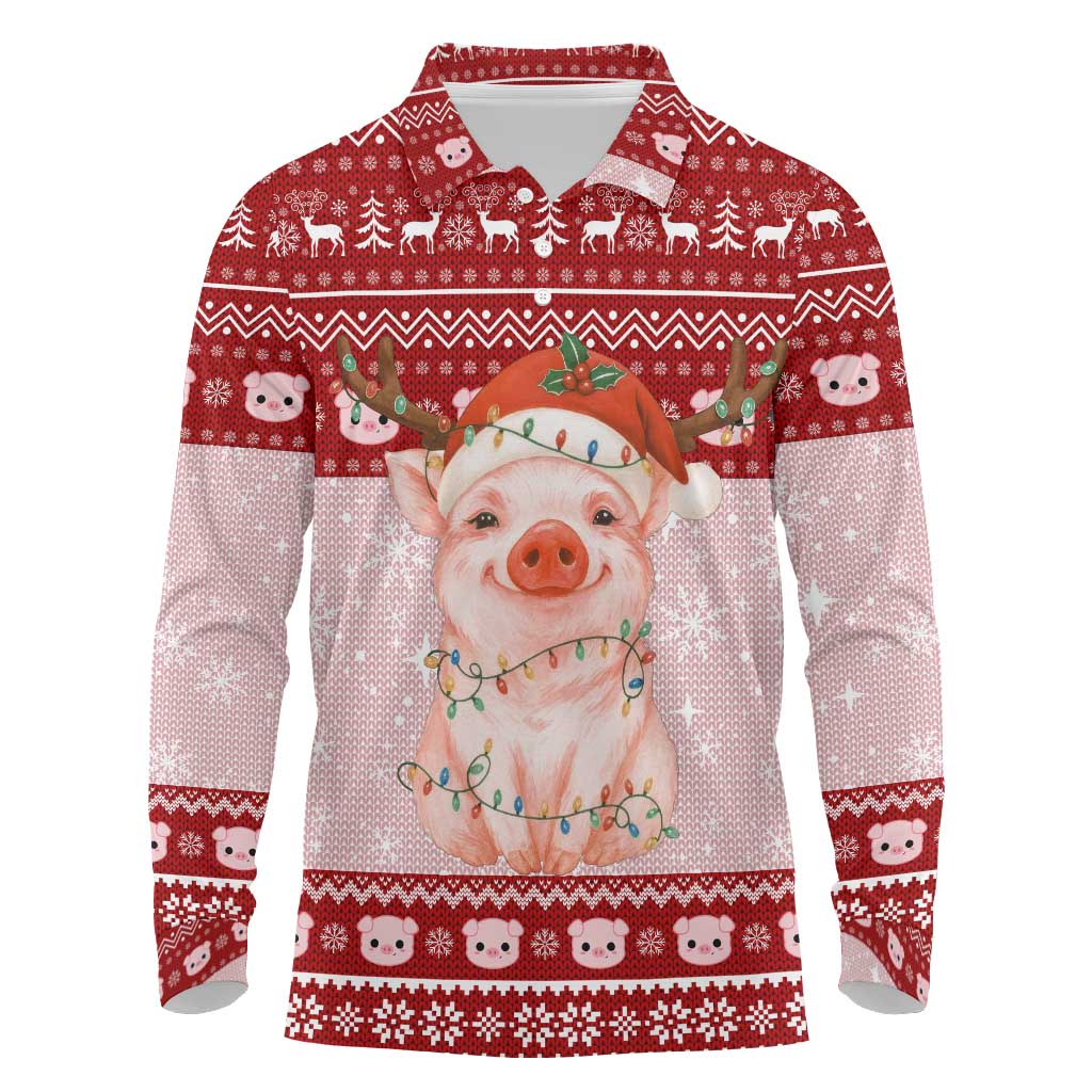 Lovely Pig Merry Christmas Long Sleeve Polo Shirt Xmas Holiday Patterns - Wonder Print Shop