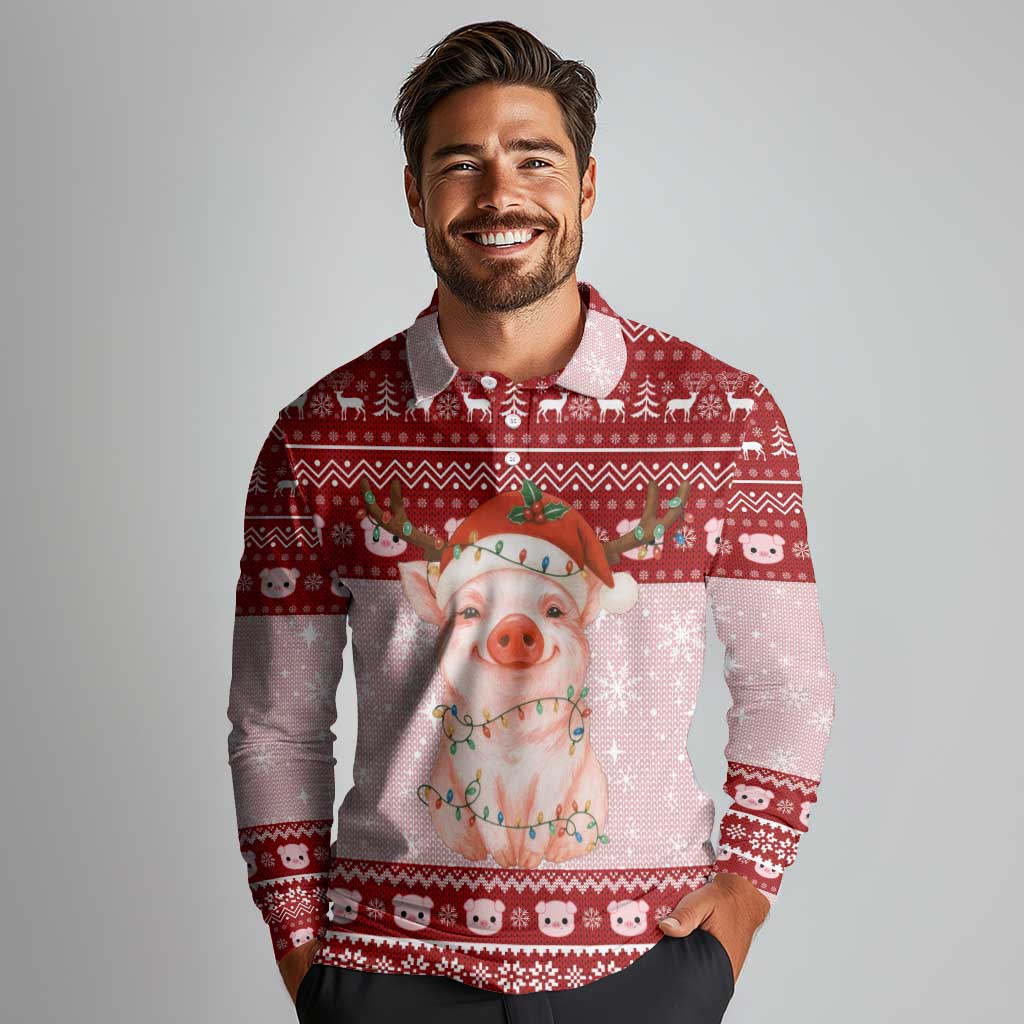 Lovely Pig Merry Christmas Long Sleeve Polo Shirt Xmas Holiday Patterns - Wonder Print Shop