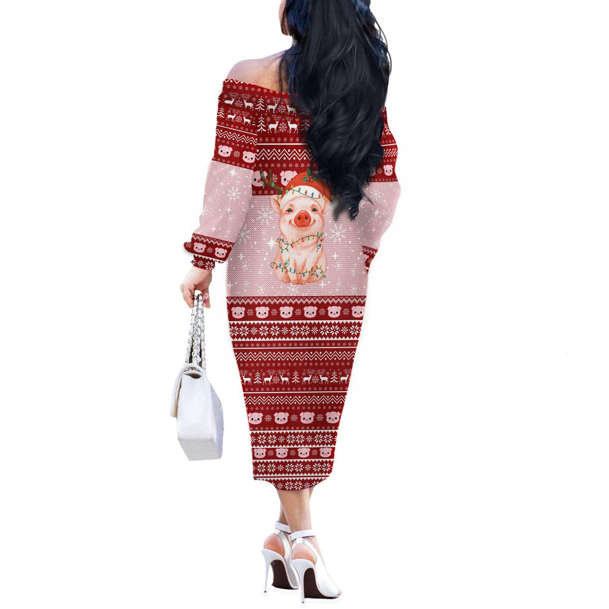 Lovely Pig Merry Christmas Off The Shoulder Long Sleeve Dress Xmas Holiday Patterns - Wonder Print Shop