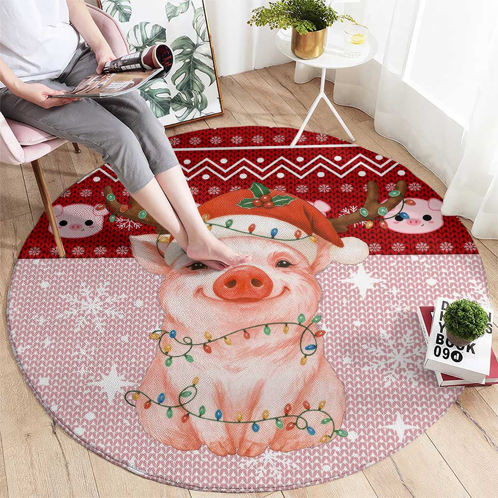 Lovely Pig Merry Christmas Round Carpet Xmas Holiday Patterns - Wonder Print Shop