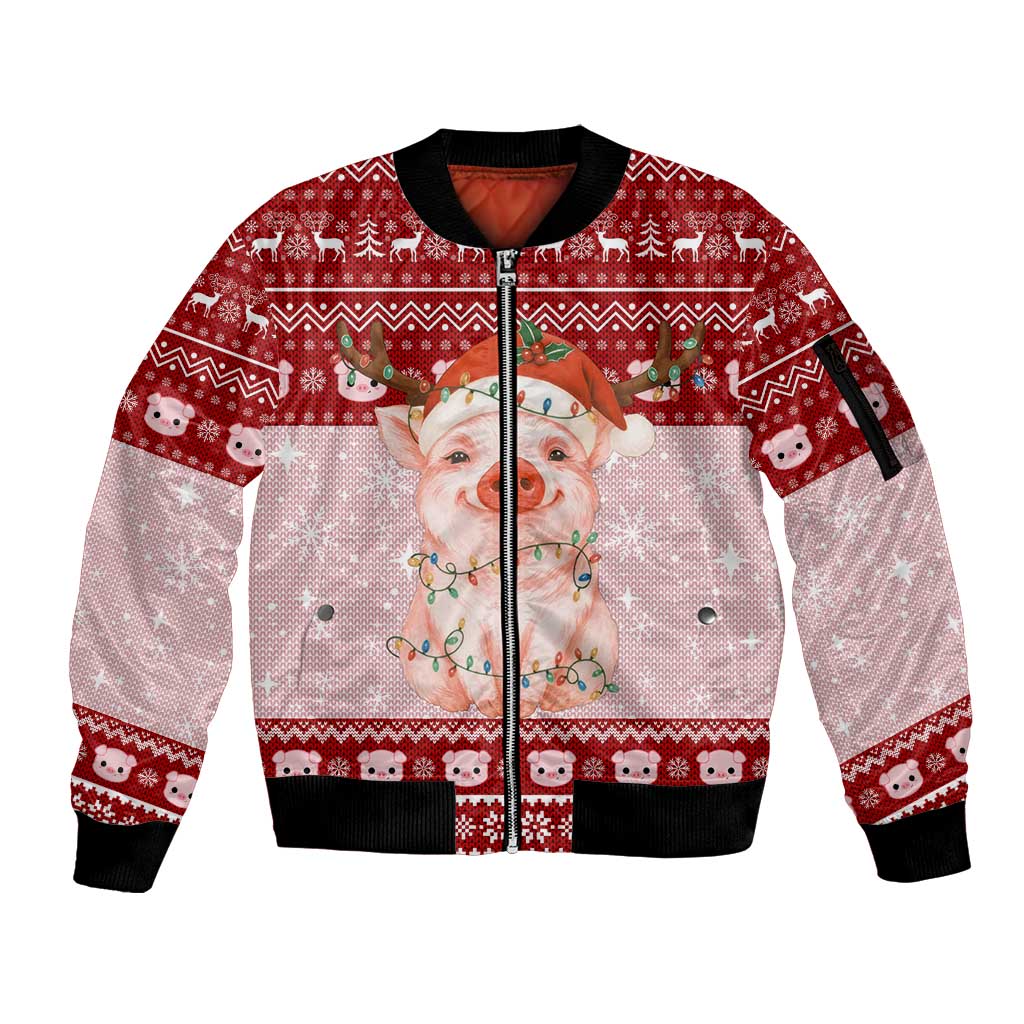 Lovely Pig Merry Christmas Sleeve Zip Bomber Jacket Xmas Holiday Patterns - Wonder Print Shop