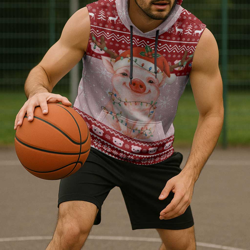 Lovely Pig Merry Christmas Sleeveless Hoodie Xmas Holiday Patterns - Wonder Print Shop