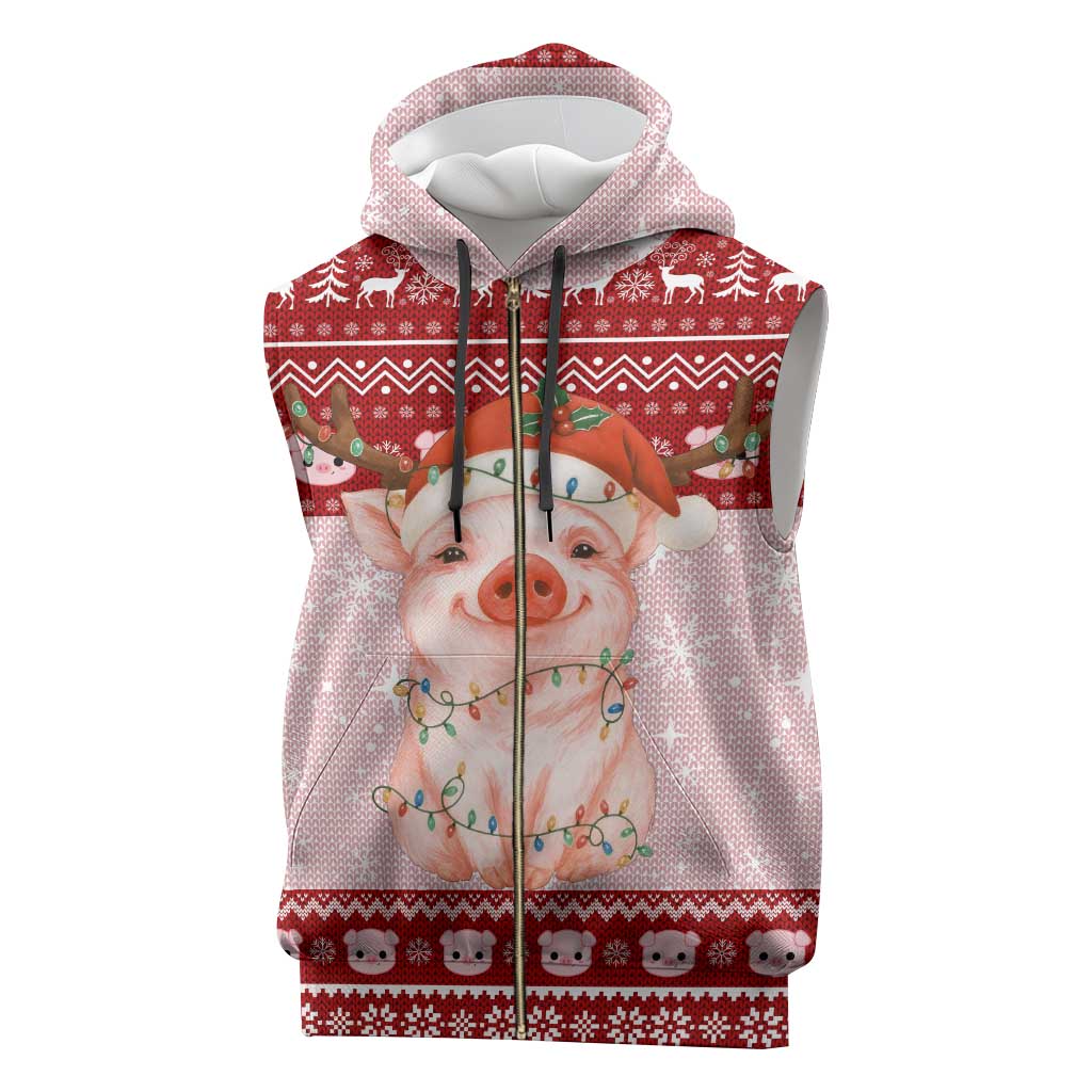 Lovely Pig Merry Christmas Sleeveless Zip Hoodie Xmas Holiday Patterns - Wonder Print Shop