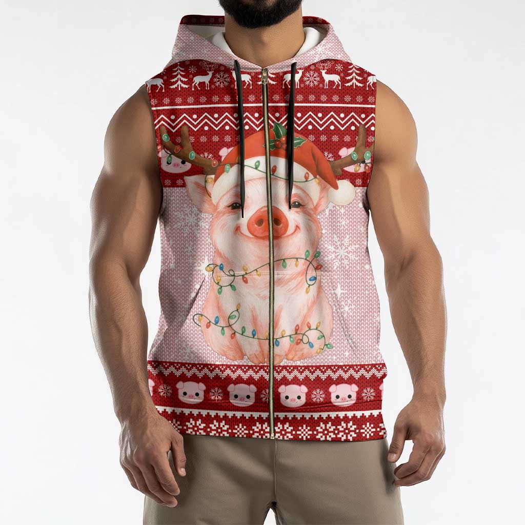 Lovely Pig Merry Christmas Sleeveless Zip Hoodie Xmas Holiday Patterns - Wonder Print Shop
