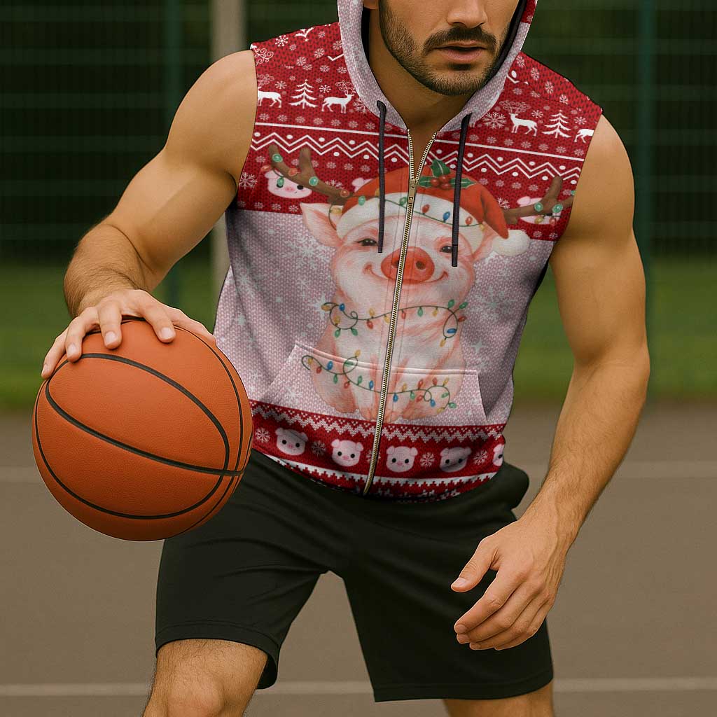 Lovely Pig Merry Christmas Sleeveless Zip Hoodie Xmas Holiday Patterns - Wonder Print Shop