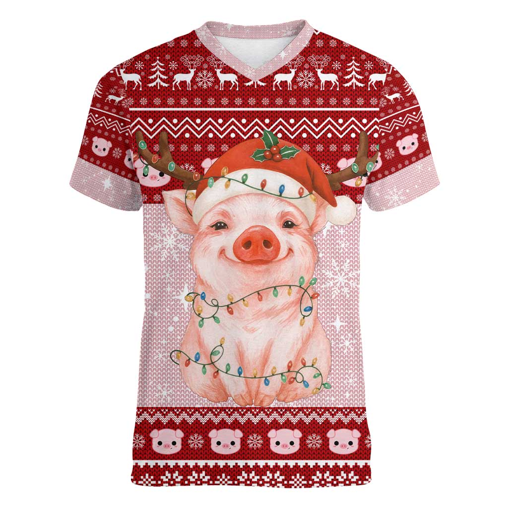 Lovely Pig Merry Christmas Women V-Neck T-Shirt Xmas Holiday Patterns - Wonder Print Shop