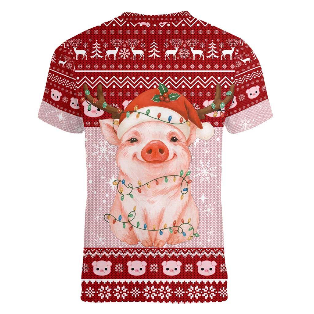 Lovely Pig Merry Christmas Women V-Neck T-Shirt Xmas Holiday Patterns - Wonder Print Shop