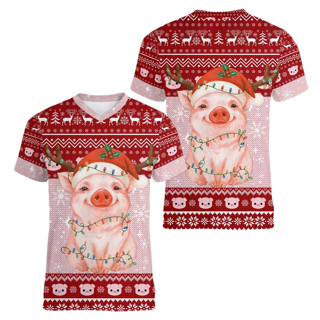 Lovely Pig Merry Christmas Women V-Neck T-Shirt Xmas Holiday Patterns - Wonder Print Shop