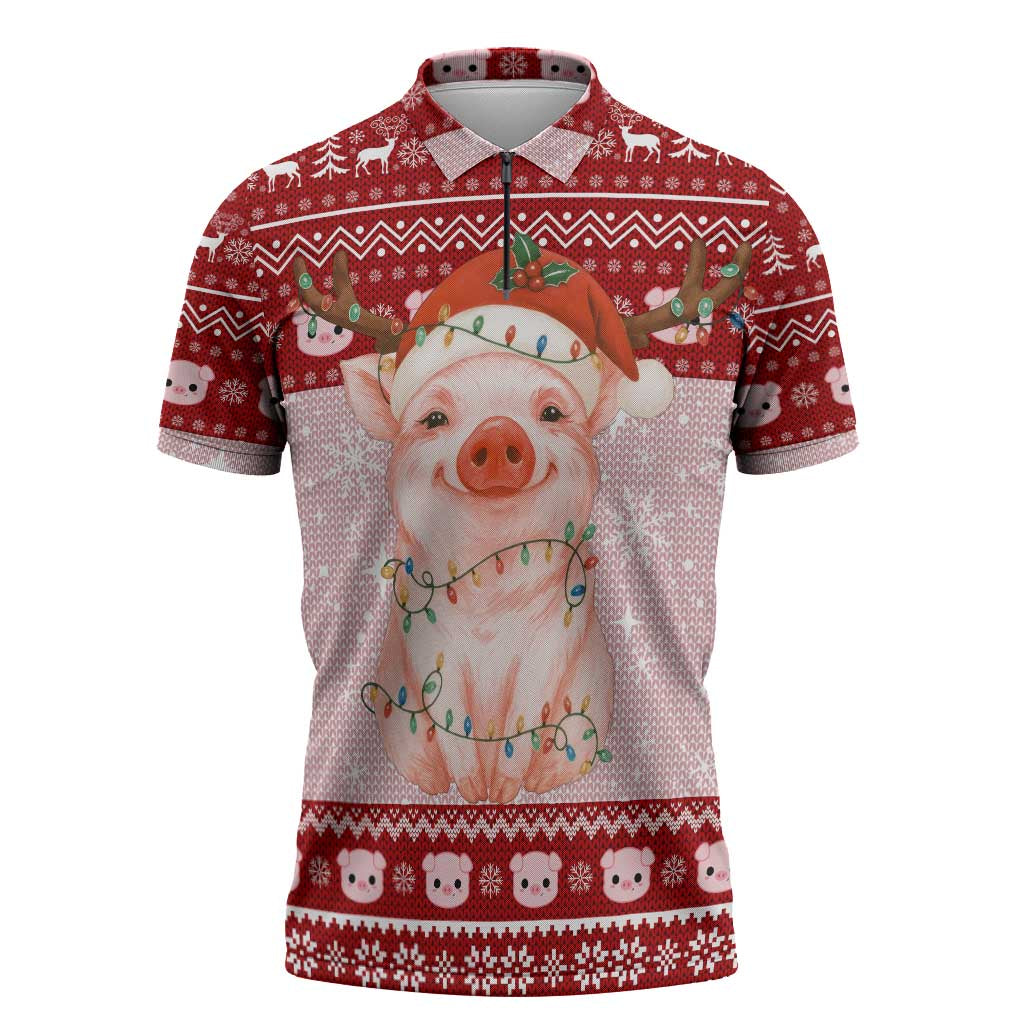 Lovely Pig Merry Christmas Zipper Polo Shirt Xmas Holiday Patterns - Wonder Print Shop