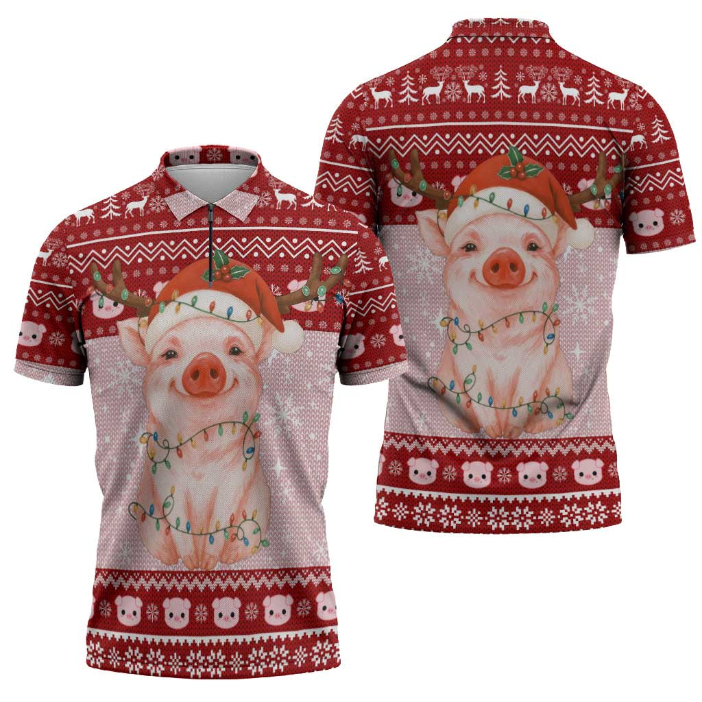 Lovely Pig Merry Christmas Zipper Polo Shirt Xmas Holiday Patterns - Wonder Print Shop