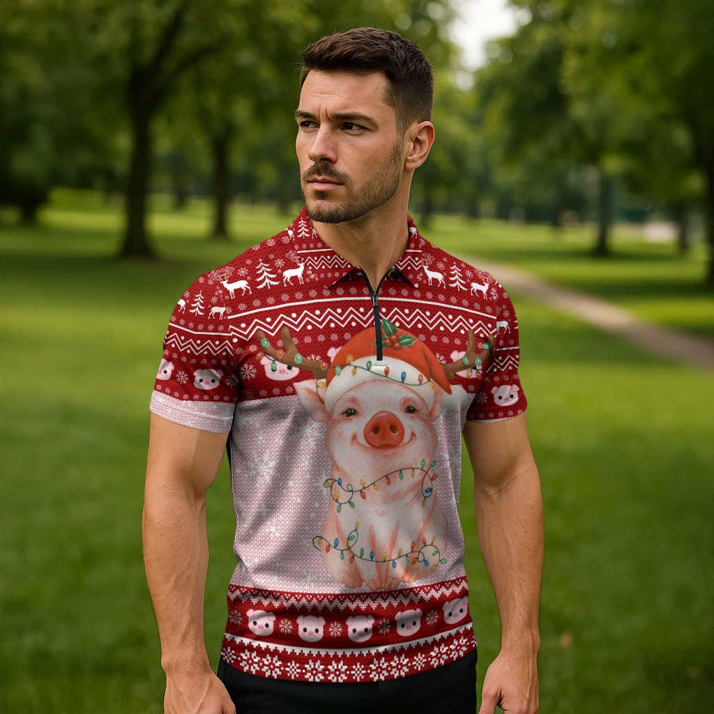 Lovely Pig Merry Christmas Zipper Polo Shirt Xmas Holiday Patterns - Wonder Print Shop