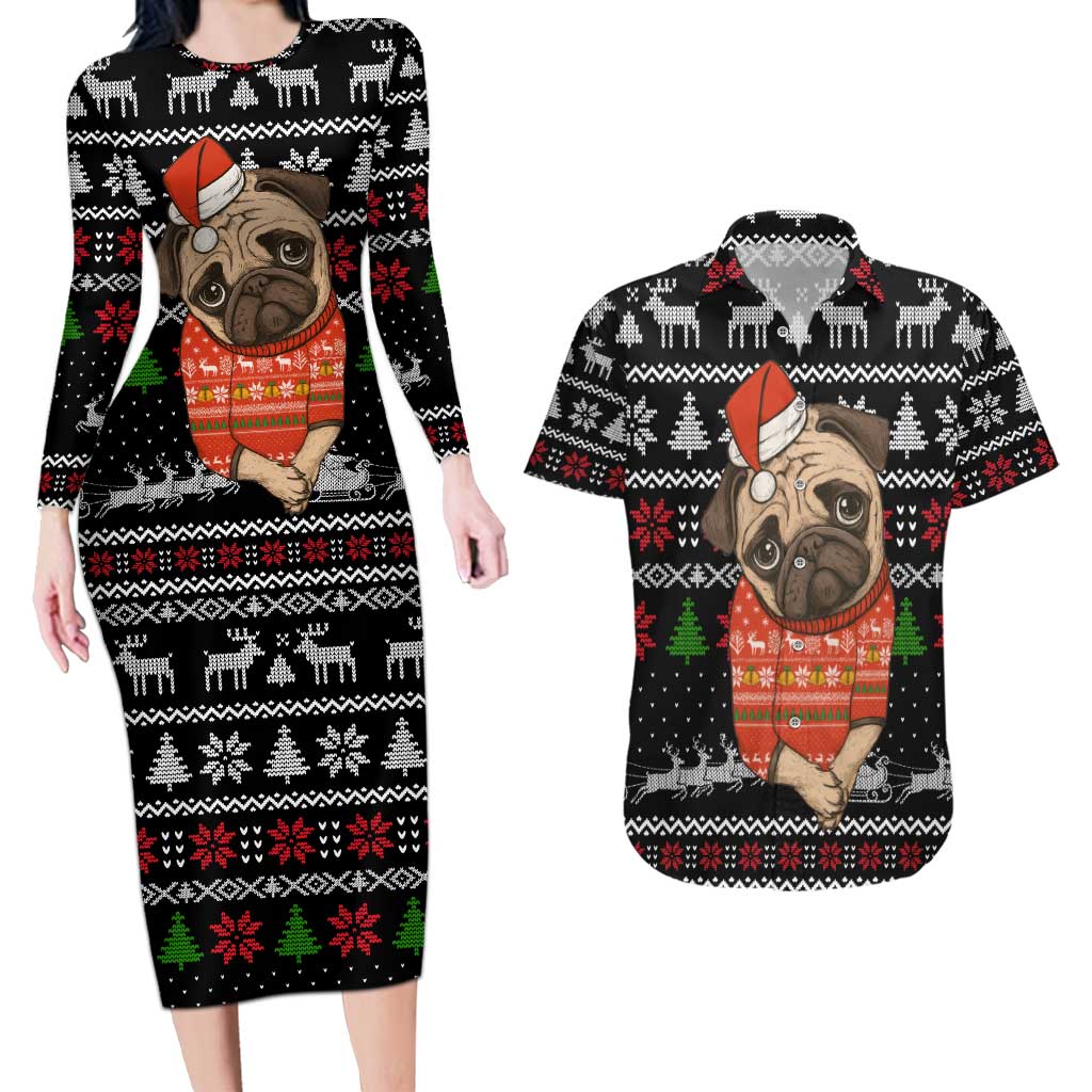 Lovely Pug Dog Christmas Couples Matching Long Sleeve Bodycon Dress and Hawaiian Shirt Xmas Holiday Patterns - Wonder Print Shop