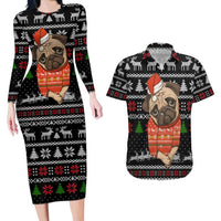 Lovely Pug Dog Christmas Couples Matching Long Sleeve Bodycon Dress and Hawaiian Shirt Xmas Holiday Patterns - Wonder Print Shop