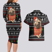 Lovely Pug Dog Christmas Couples Matching Long Sleeve Bodycon Dress and Hawaiian Shirt Xmas Holiday Patterns - Wonder Print Shop