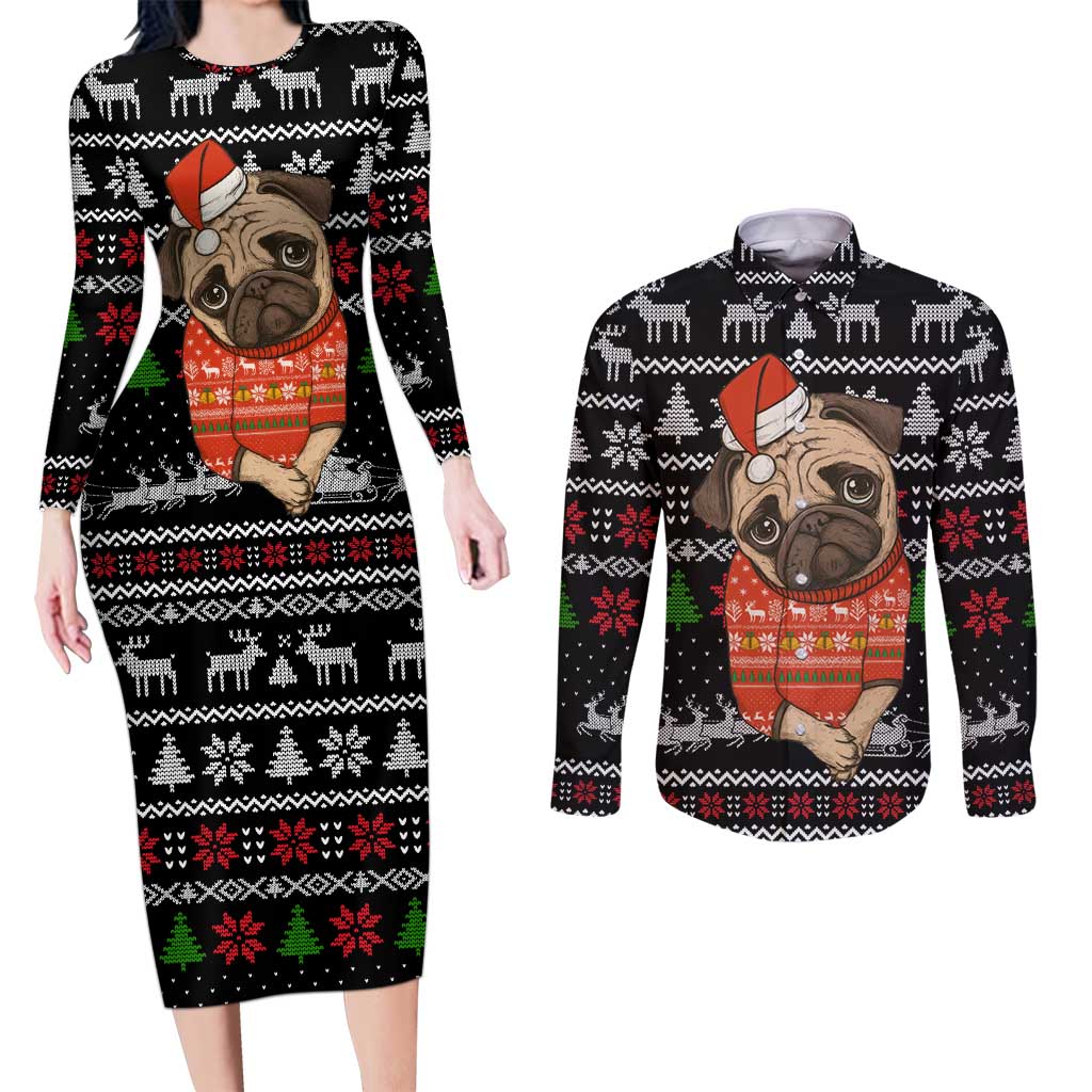 Lovely Pug Dog Christmas Couples Matching Long Sleeve Bodycon Dress and Long Sleeve Button Shirt Xmas Holiday Patterns - Wonder Print Shop