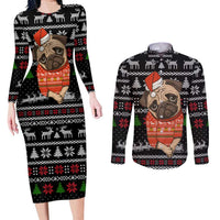 Lovely Pug Dog Christmas Couples Matching Long Sleeve Bodycon Dress and Long Sleeve Button Shirt Xmas Holiday Patterns - Wonder Print Shop